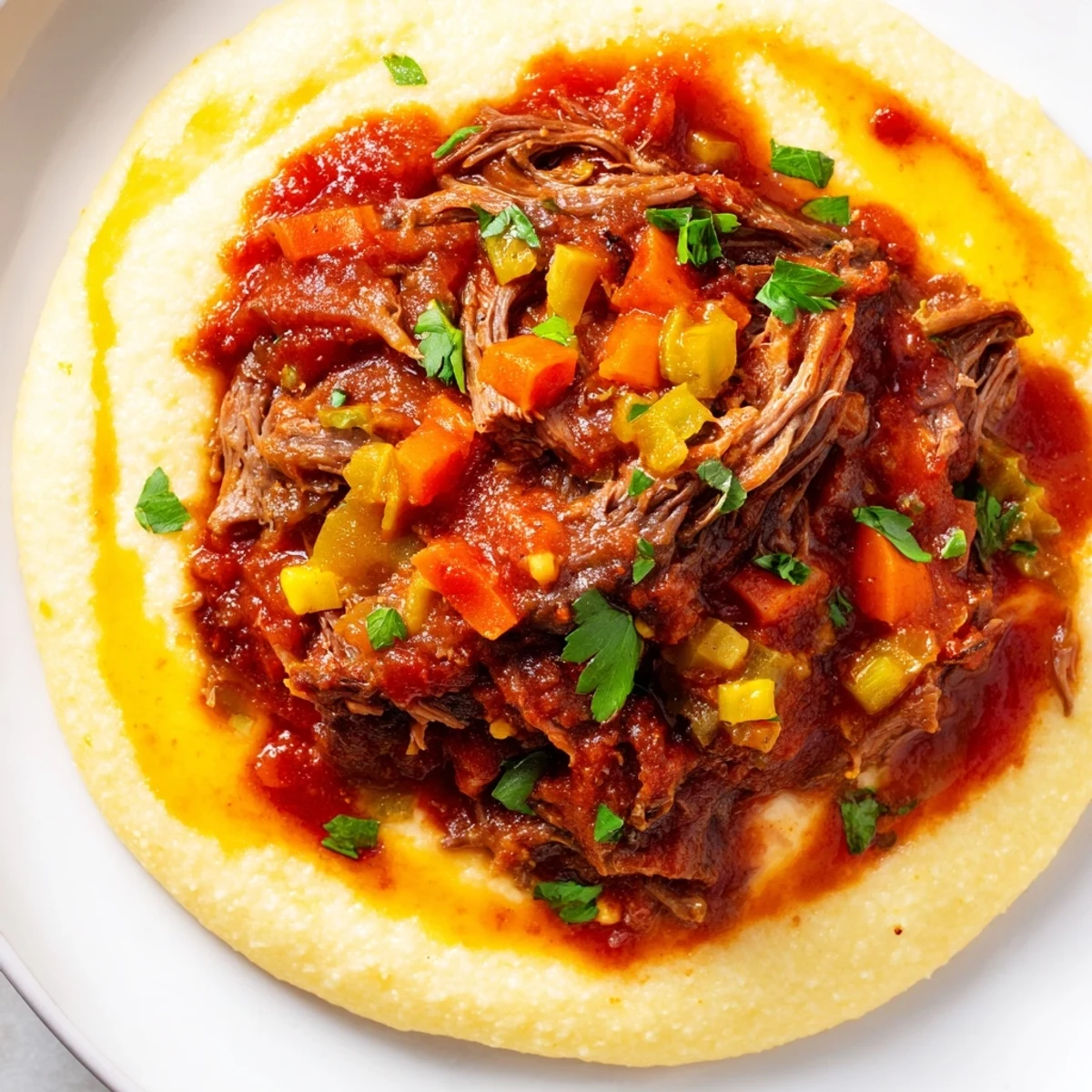 Slow Cooker Beef Ragu with Creamy Polenta served in a rustic white bowl, garnished with fresh parsley and a fork resting beside it.