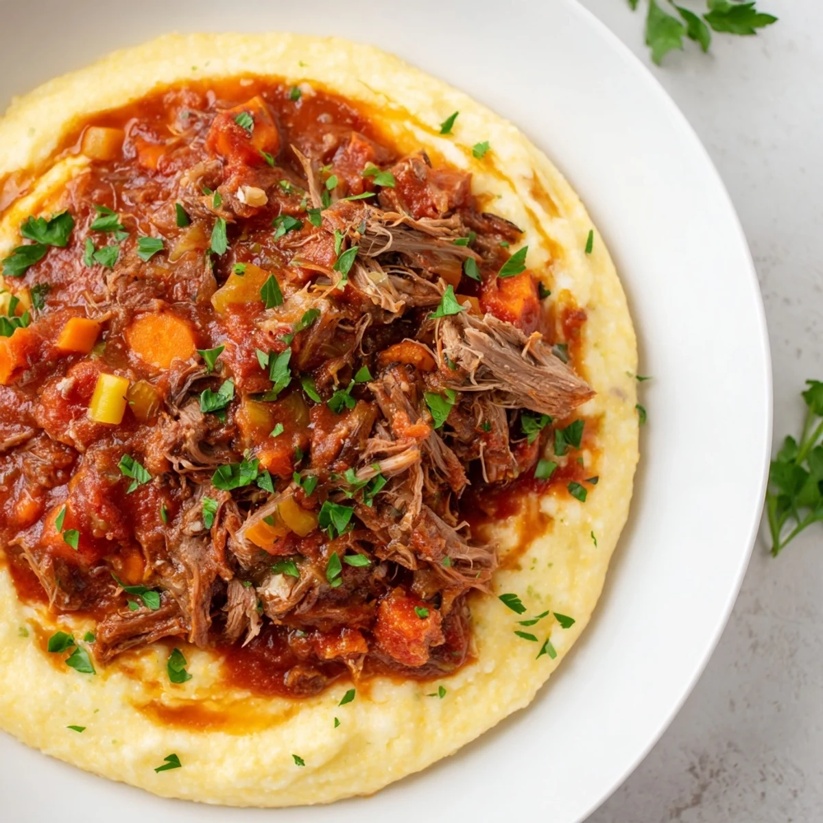 A close-up of Slow Cooker Beef Ragu with Creamy Polenta, featuring tender shredded beef and rich tomato sauce over velvety polenta.