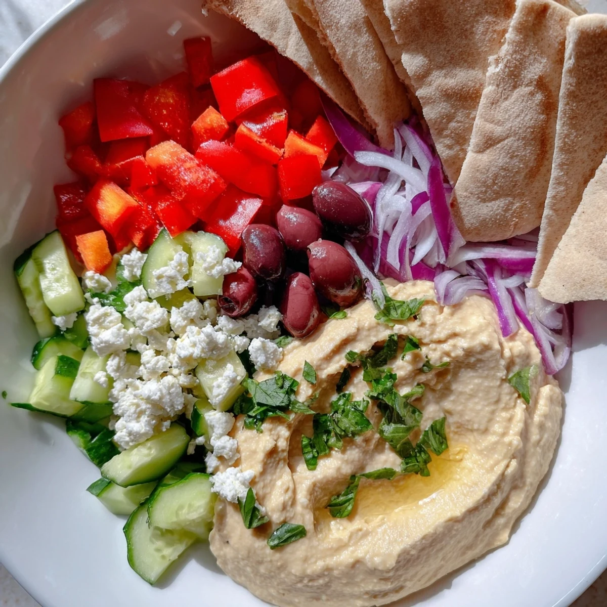 Freshly diced Mediterranean Salad with Hummus and Pita Bread served on a plate with creamy dip and warm bread wedges.