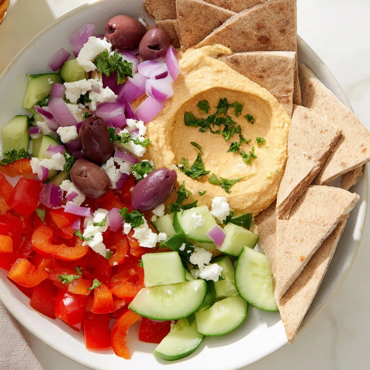 Vibrant Mediterranean Salad with Hummus and Pita Bread plated with extra virgin olive oil drizzle and lemon wedges.