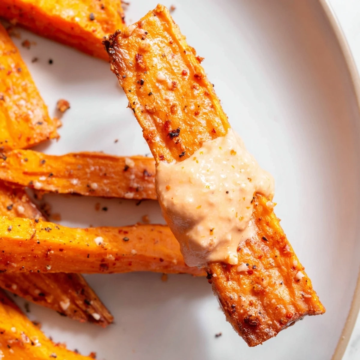 Oven-roasted sweet potato fries with chipotle mayo are golden and crispy. 