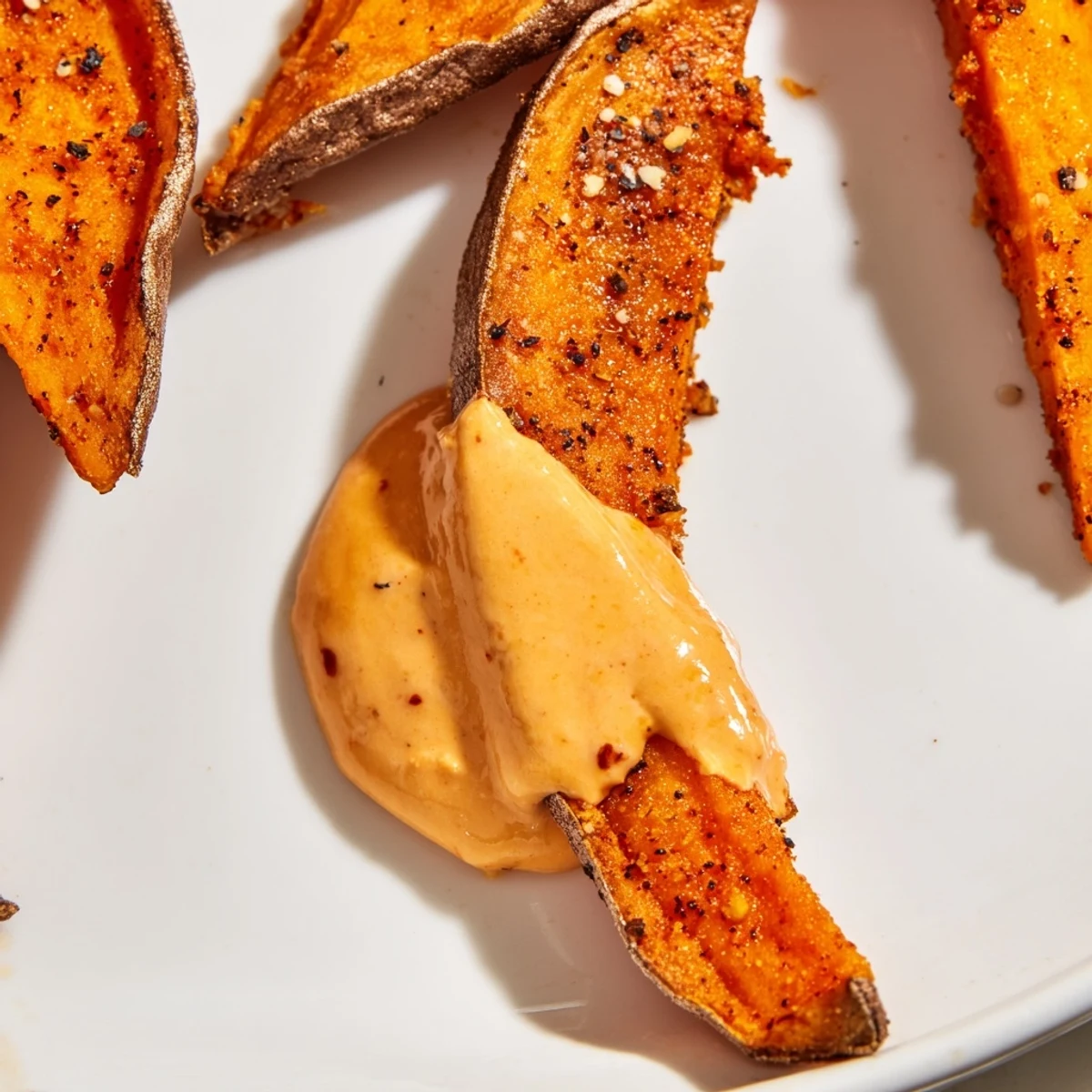 Golden baked sweet potato fries served hot with spicy chipotle mayo.
