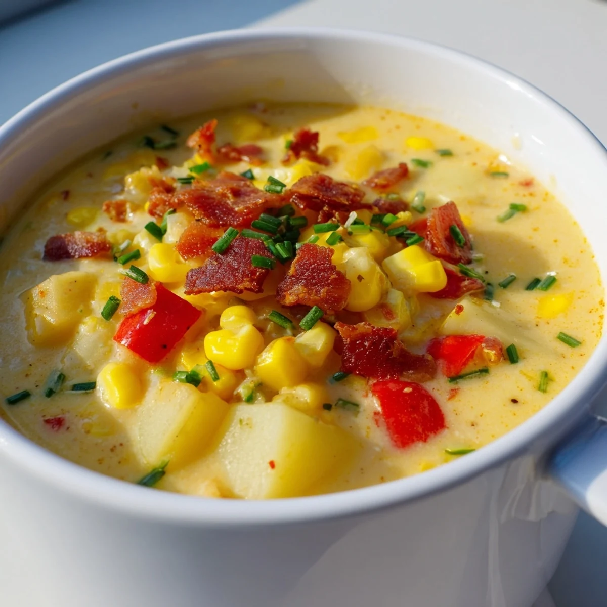 Creamy Corn Chowder with Red Peppers ladled into a rustic bowl, garnished with fresh chives and a sprinkle of smoked paprika.