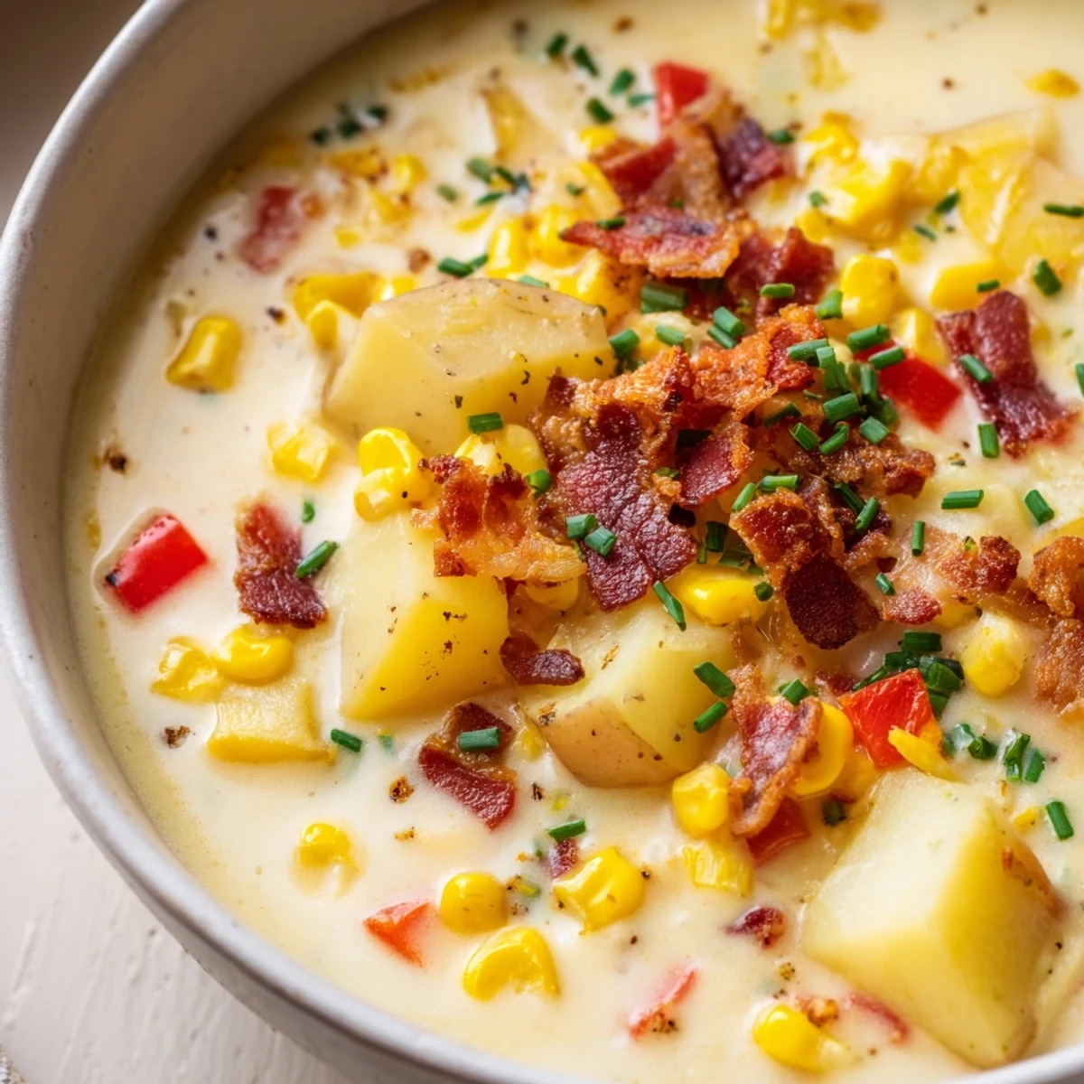 Top-down view of Creamy Corn Chowder with Red Peppers served with crusty gluten-free bread for dipping on the side.