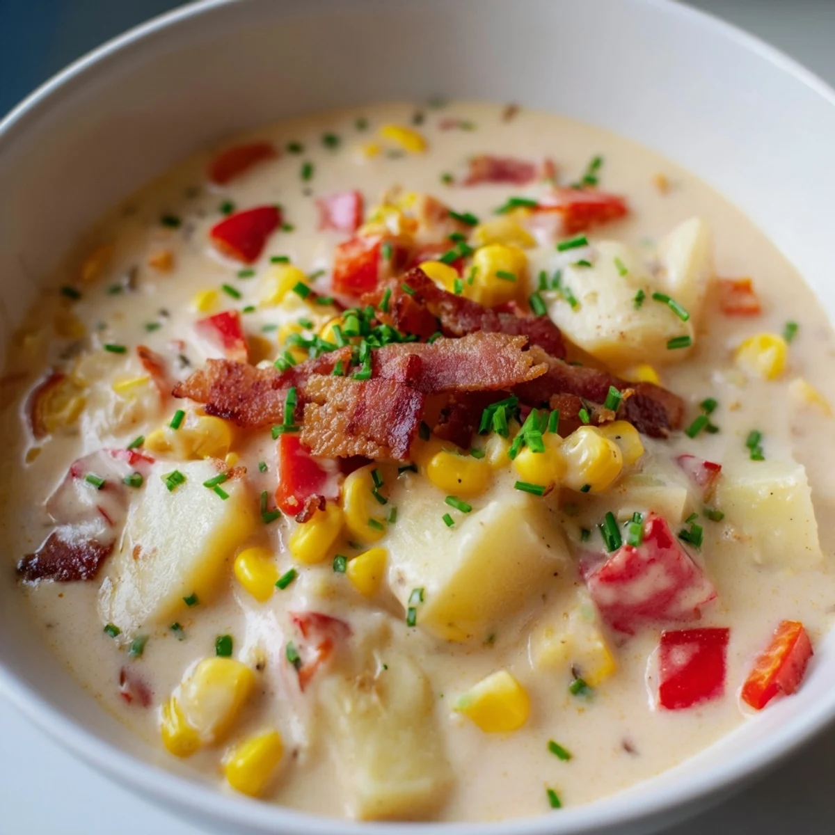 A pot of Creamy Corn Chowder with Red Peppers simmering on the stove, featuring diced potatoes and sweet corn kernels.