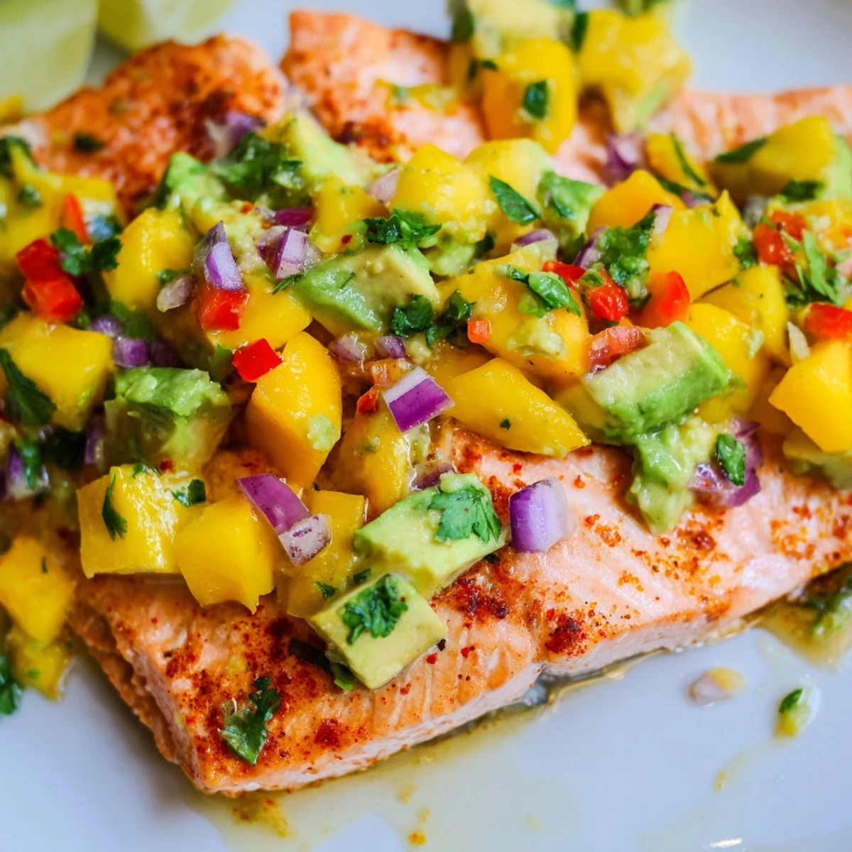 Perfectly flaky baked salmon with mango avocado salsa served alongside fresh greens and lime wedges.