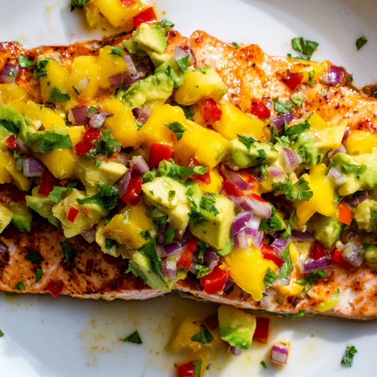 Healthy gluten-free dinner featuring tender baked salmon fillets crowned with colorful mango avocado salsa and herbs.