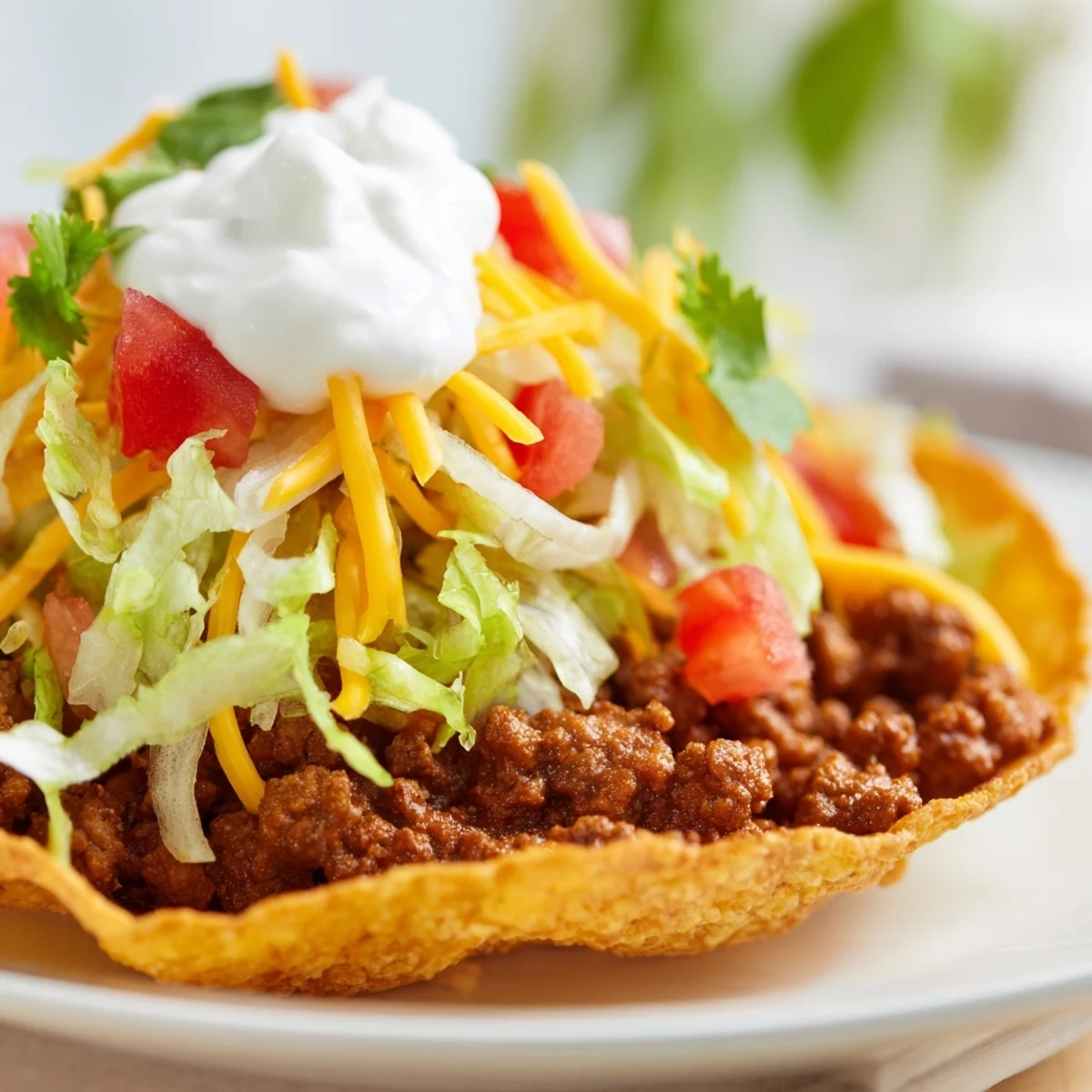 Beef Tacos with Sour Cream and Cheese filled with seasoned ground beef, shredded lettuce, and melty cheese.