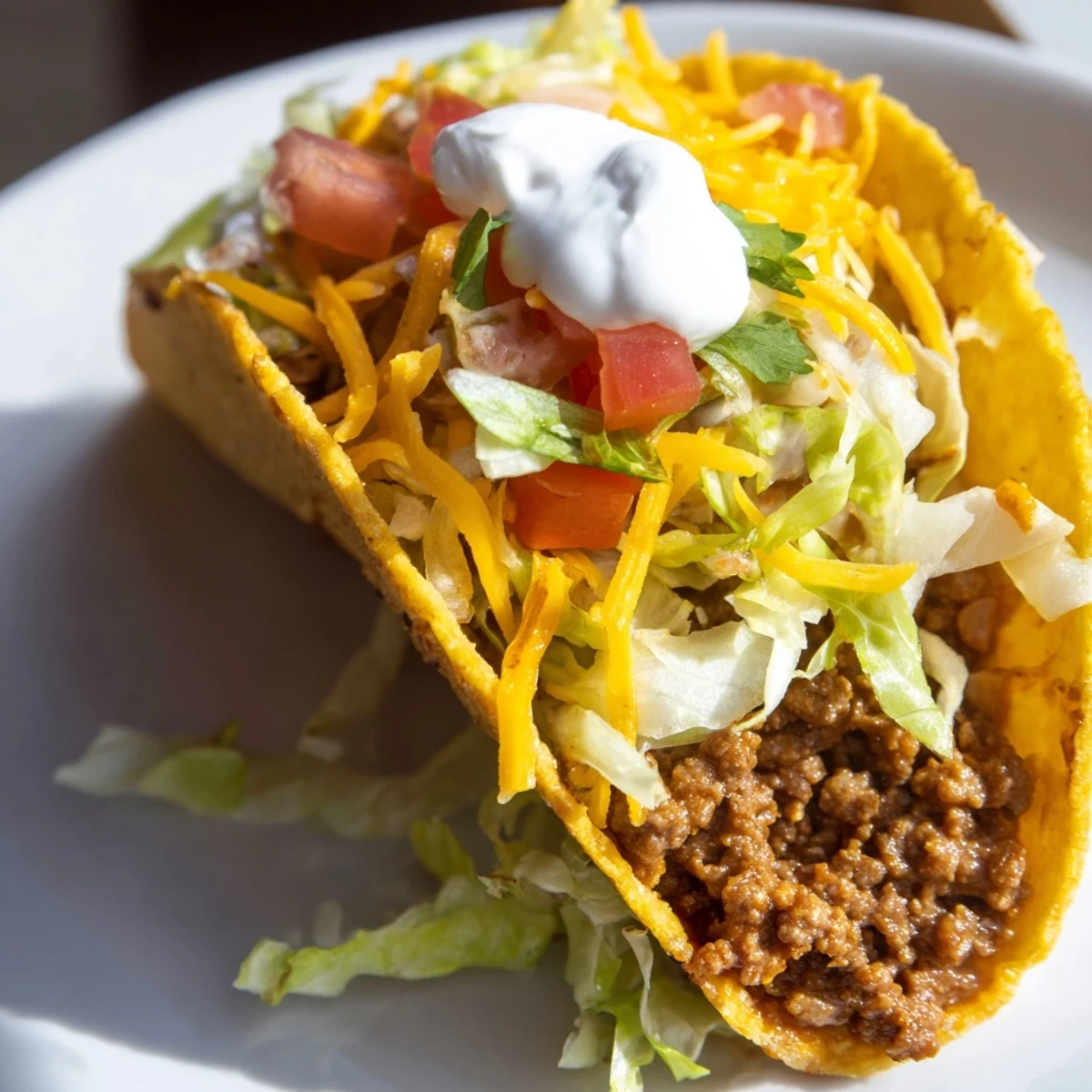Hearty Beef Tacos with Sour Cream and Cheese topped with diced tomatoes, fresh cilantro, and lime wedges.