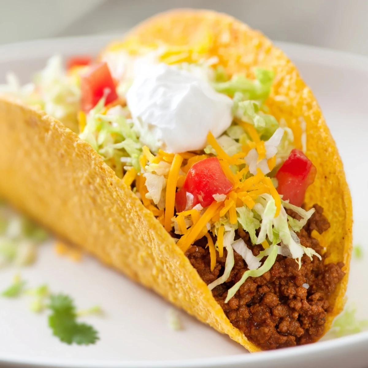 Golden crispy Beef Tacos with Sour Cream and Cheese served with cooling sour cream dollops and colorful veggies.