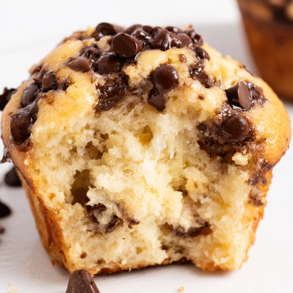 Freshly baked Chocolate Chip Muffins with a golden crumb top, overflowing with melted semi-sweet chocolate chips.