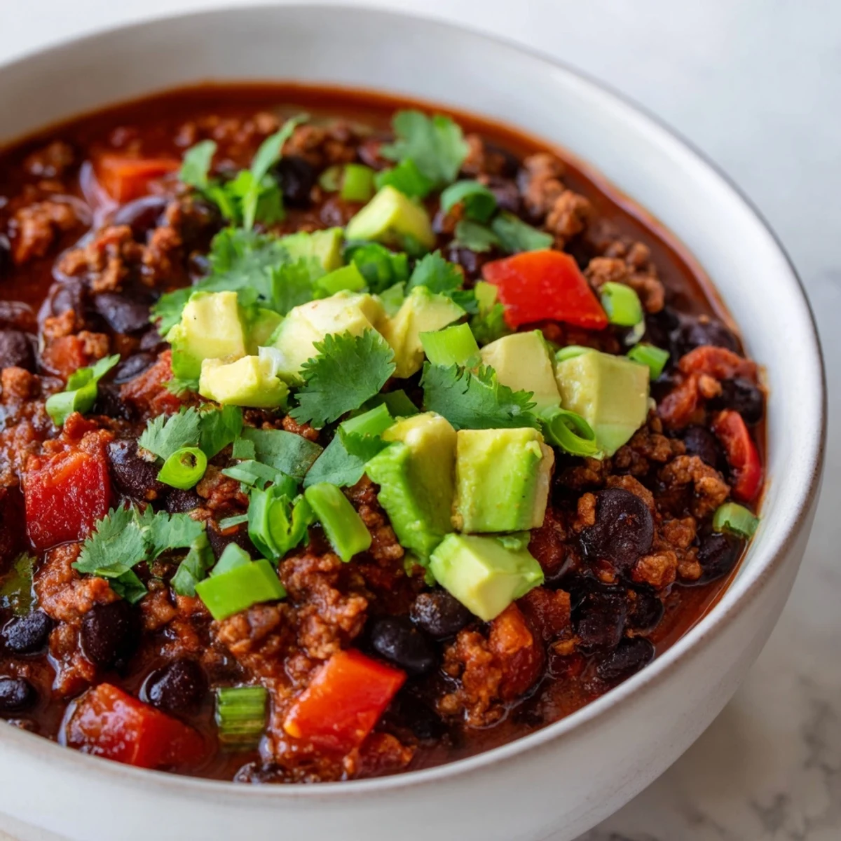 A hearty ladle of Turkey Chili with Black Beans and Tomatoes served over cornbread with a side of sour cream.