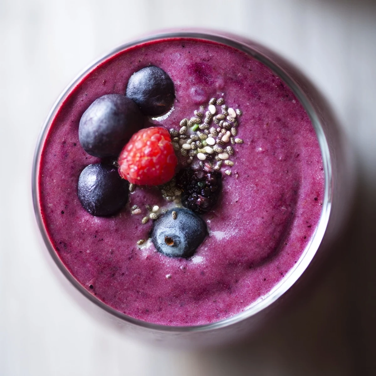 Glossy purple smoothie fills a tall glass, topped with fresh berries and a straw beside a sliced banana and spinach leaves.