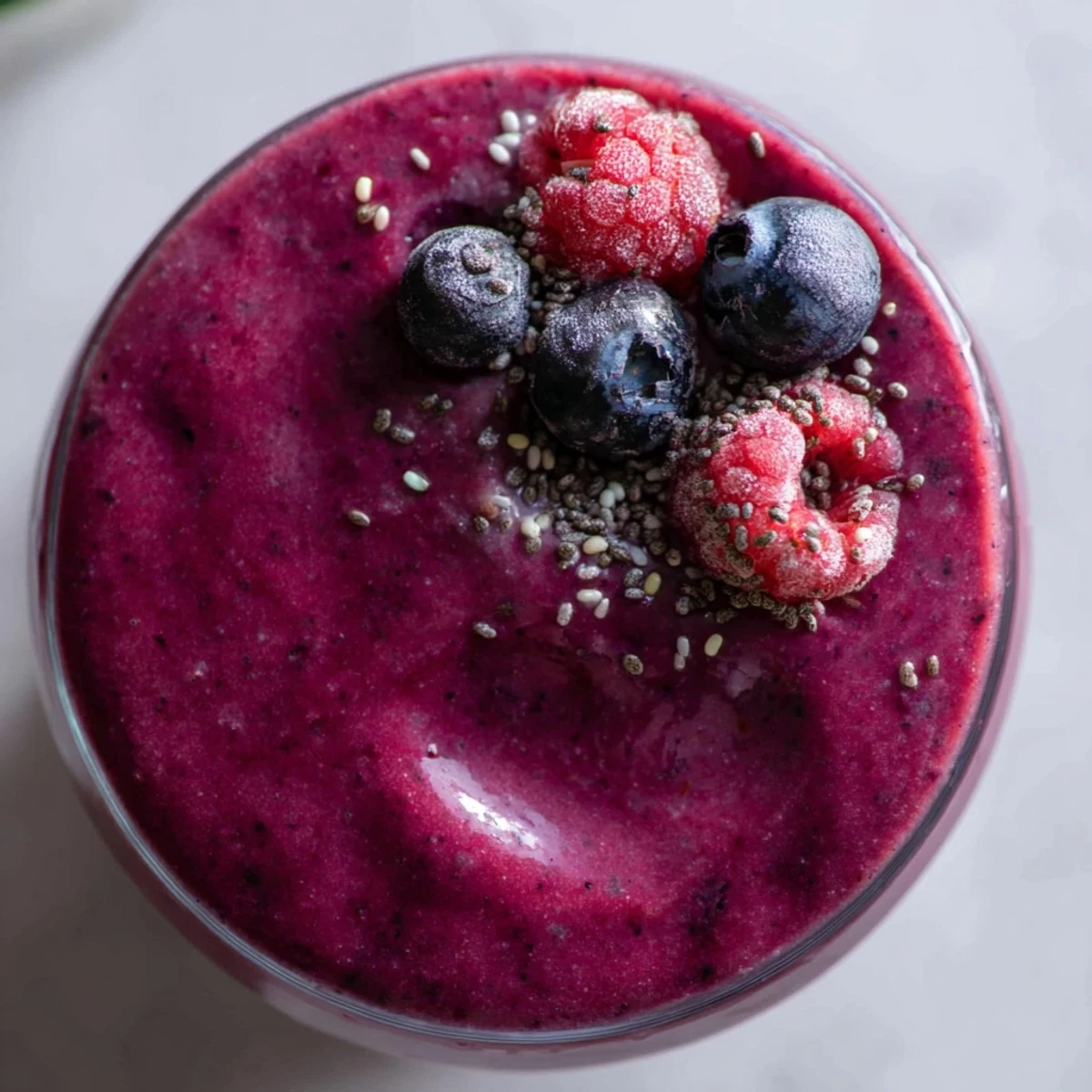 Thick and frosty Winter Berry Smoothie with Spinach and Banana poured into a mason jar with a few chia seeds floating.