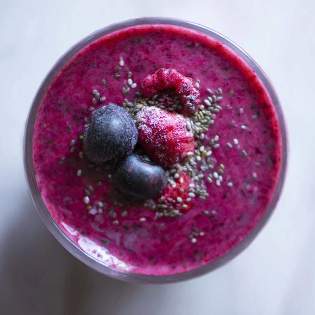 Vibrant berry purple-green smoothie in a stem glass, garnished with a skewer of berries and mint, perfect for a healthy breakfast.