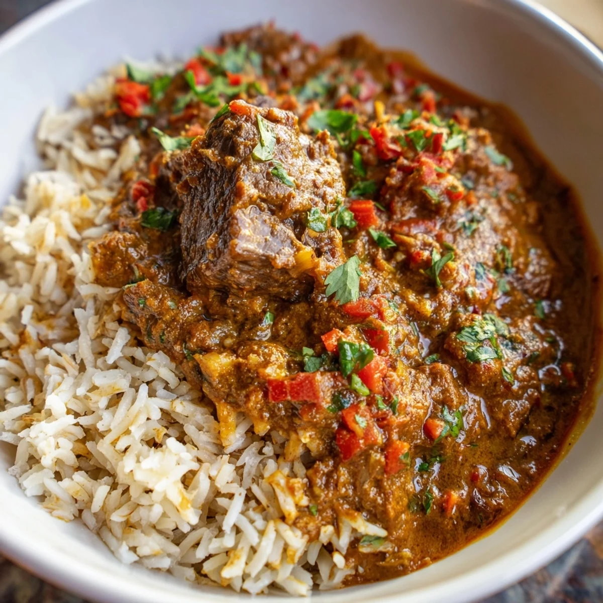 Freshly cooked Spicy Beef Curry with Basmati Rice is spooned onto a plate, showcasing tender chunks of beef in a thick, aromatic gravy. 
