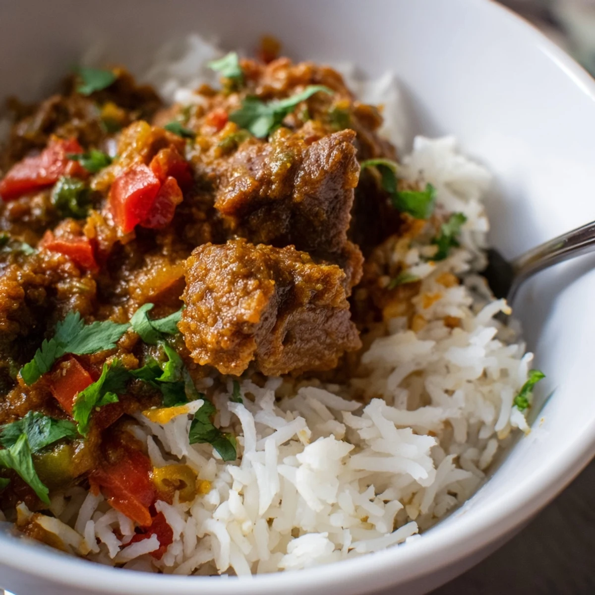 Close-up of a bowl of Spicy Beef Curry with Basmati Rice, featuring rich red-orange sauce and a dollop of yogurt.