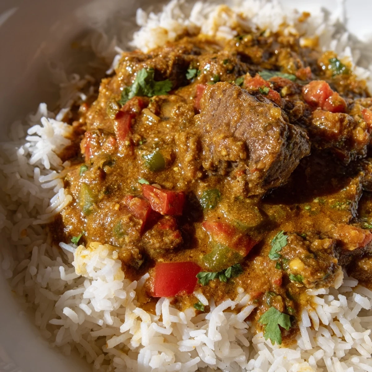 A generous serving of fluffy white basmati rice is topped with Spicy Beef Curry, garnished with fresh cilantro. 
