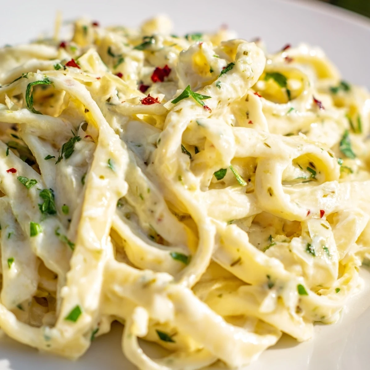 Creamy Garlic Pasta with Fresh Parsley served in a white bowl, steam rising from silky sauce.