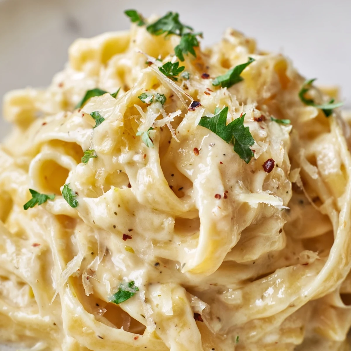 Easy Creamy Garlic Pasta with Fresh Parsley plated alongside salad and rustic bread for dinner.
