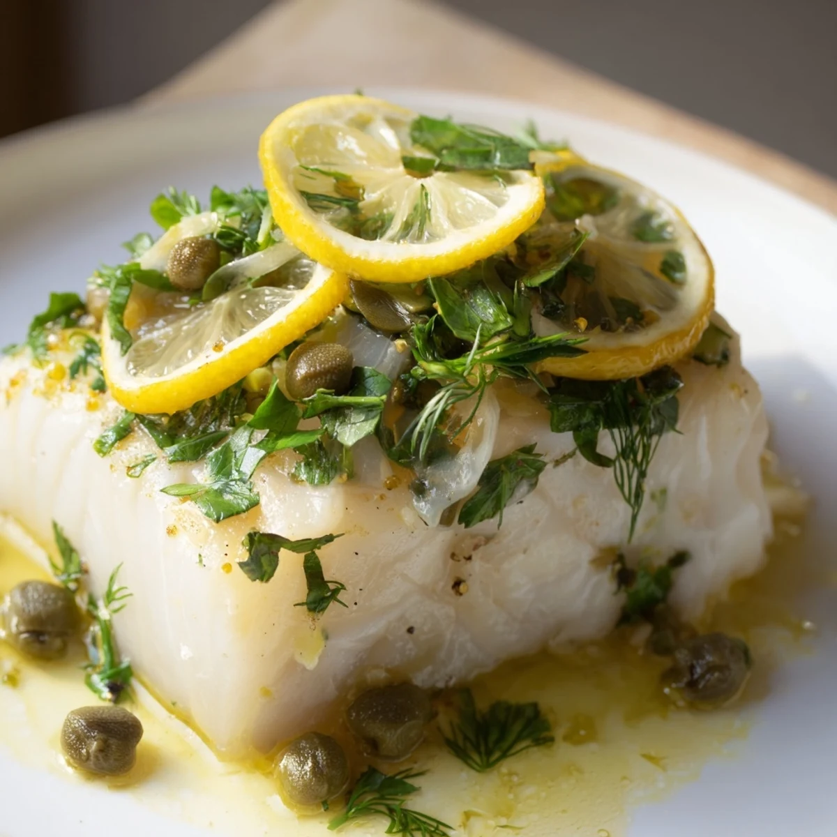 Golden Baked Cod with Herbs and Lemon Slices flaking gently under a fork, drizzled with olive oil and pan juices, alongside bright lemon wedges and a colorful side of steamed vegetables.