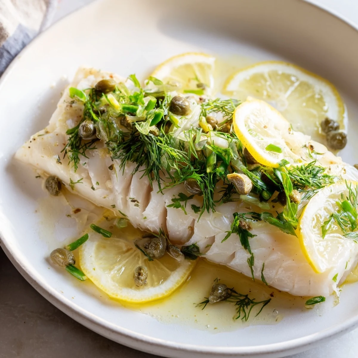 Freshly baked cod fillets with herbs and lemon slices, garnished with parsley and capers on a white plate, served with roasted potatoes and a glass of white wine for a Mediterranean dinner.