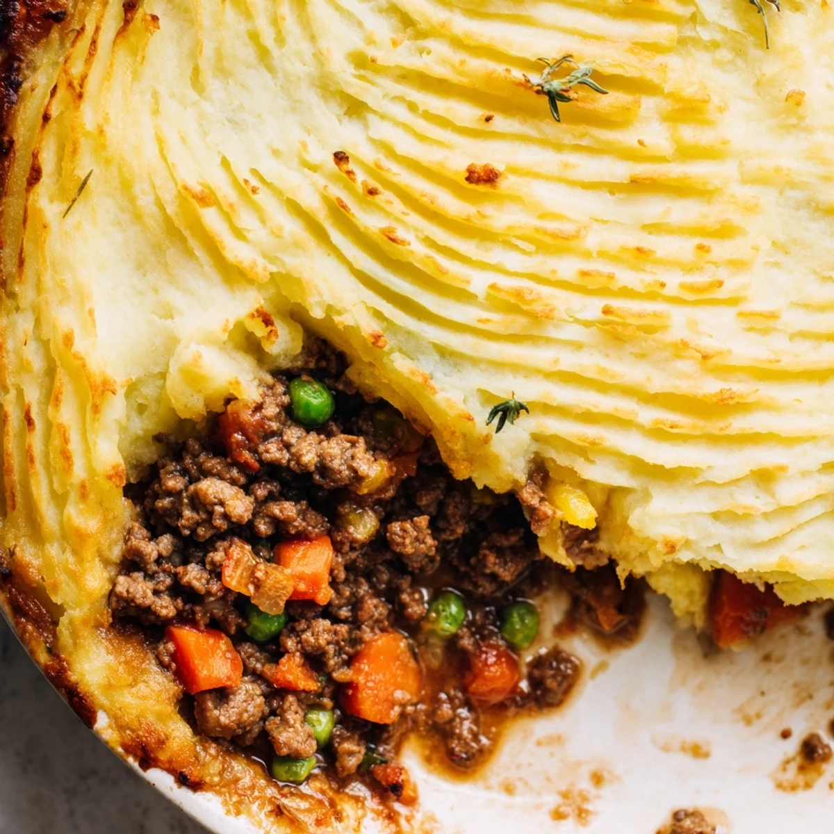 Golden brown mashed potato ridges top a hearty Beef Shepherds Pie with Peas and Carrots, baked until bubbling.