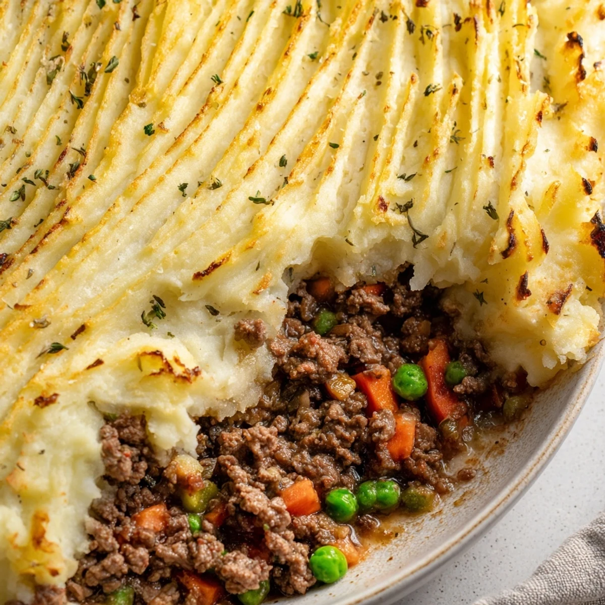 This classic British comfort food features a savory ground beef filling studded with tender peas and sweet carrots.