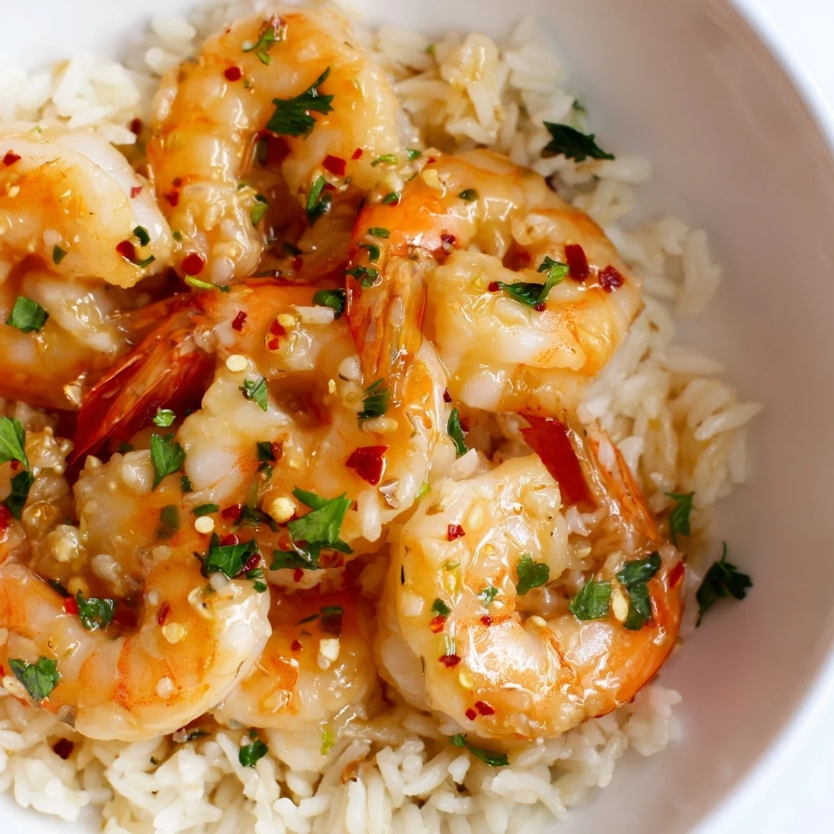 A close-up of juicy Lemon Garlic Shrimp over Steamed Rice in a sizzling skillet.