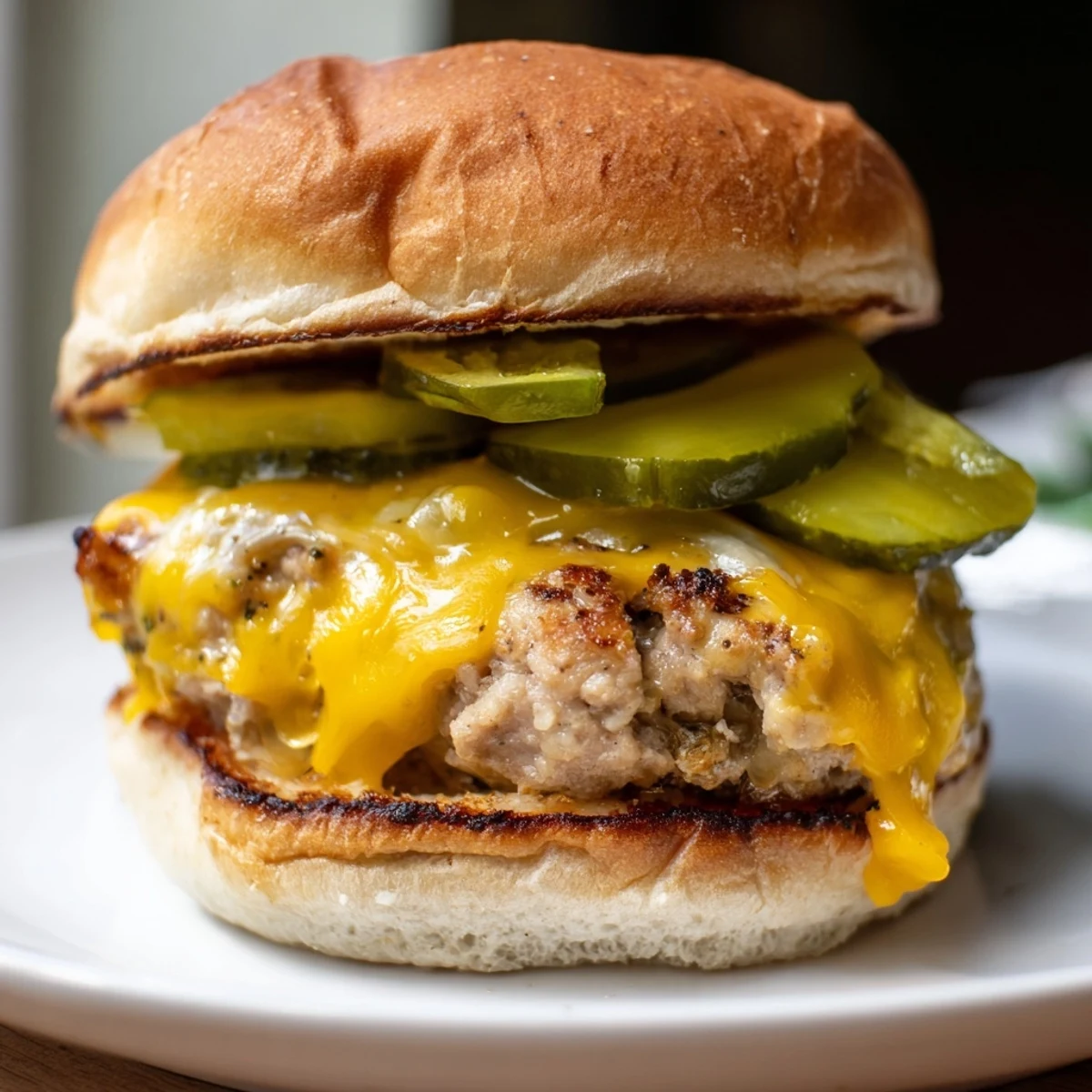 Golden-brown turkey burger with melted cheddar and crisp dill pickle slices on a toasted bun.