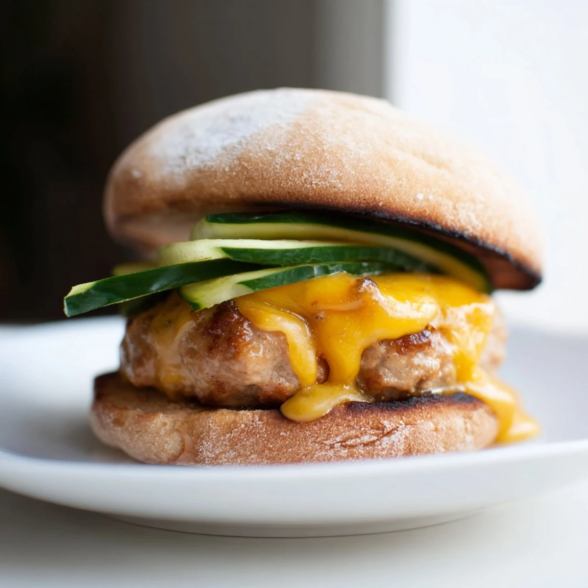 A juicy turkey burger with cheese and dill pickles, garnished with fresh lettuce and tomato.