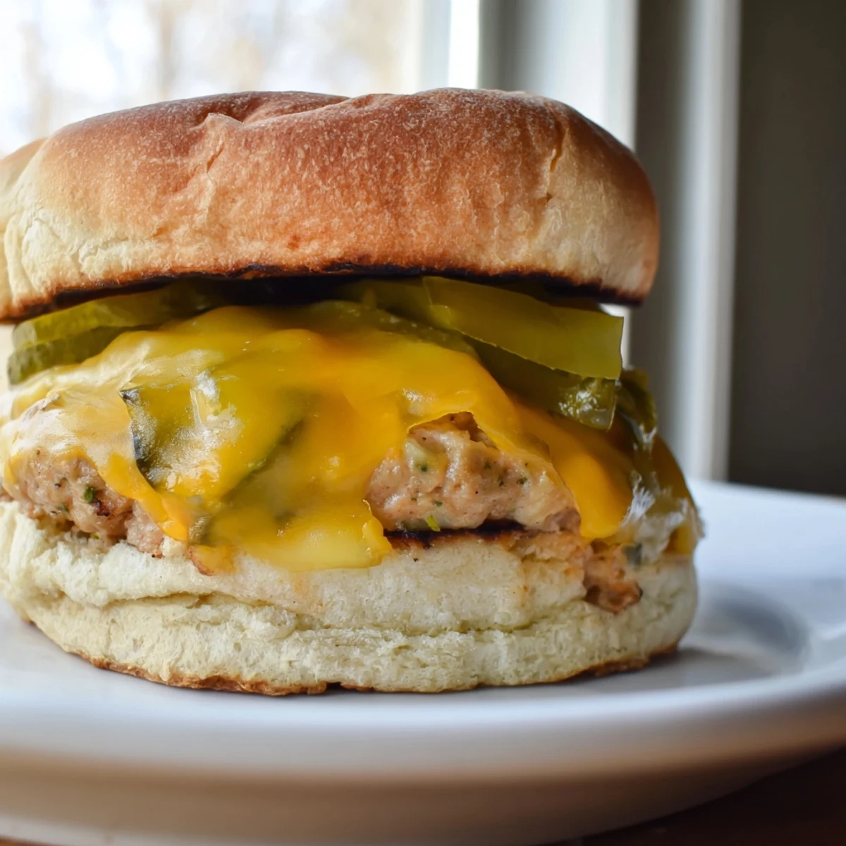 Close-up of a homemade turkey burger with cheese and dill pickles, ready to be served.