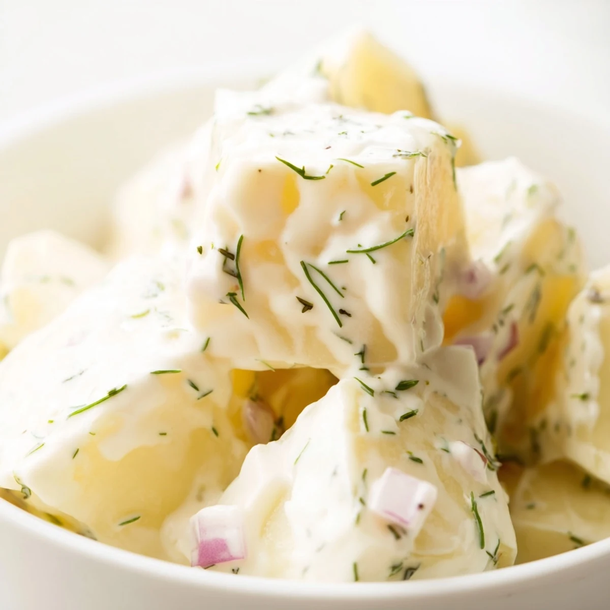 Freshly boiled Yukon Gold potato cubes tossed in a tangy, creamy dressing with bright chopped dill and celery.