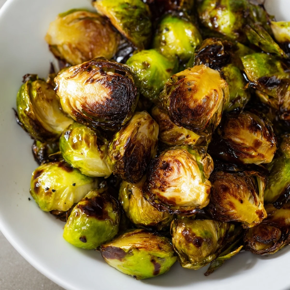 Close-up of roasted Brussels sprouts with balsamic vinegar, showcasing caramelized edges and glistening glaze on a baking sheet.