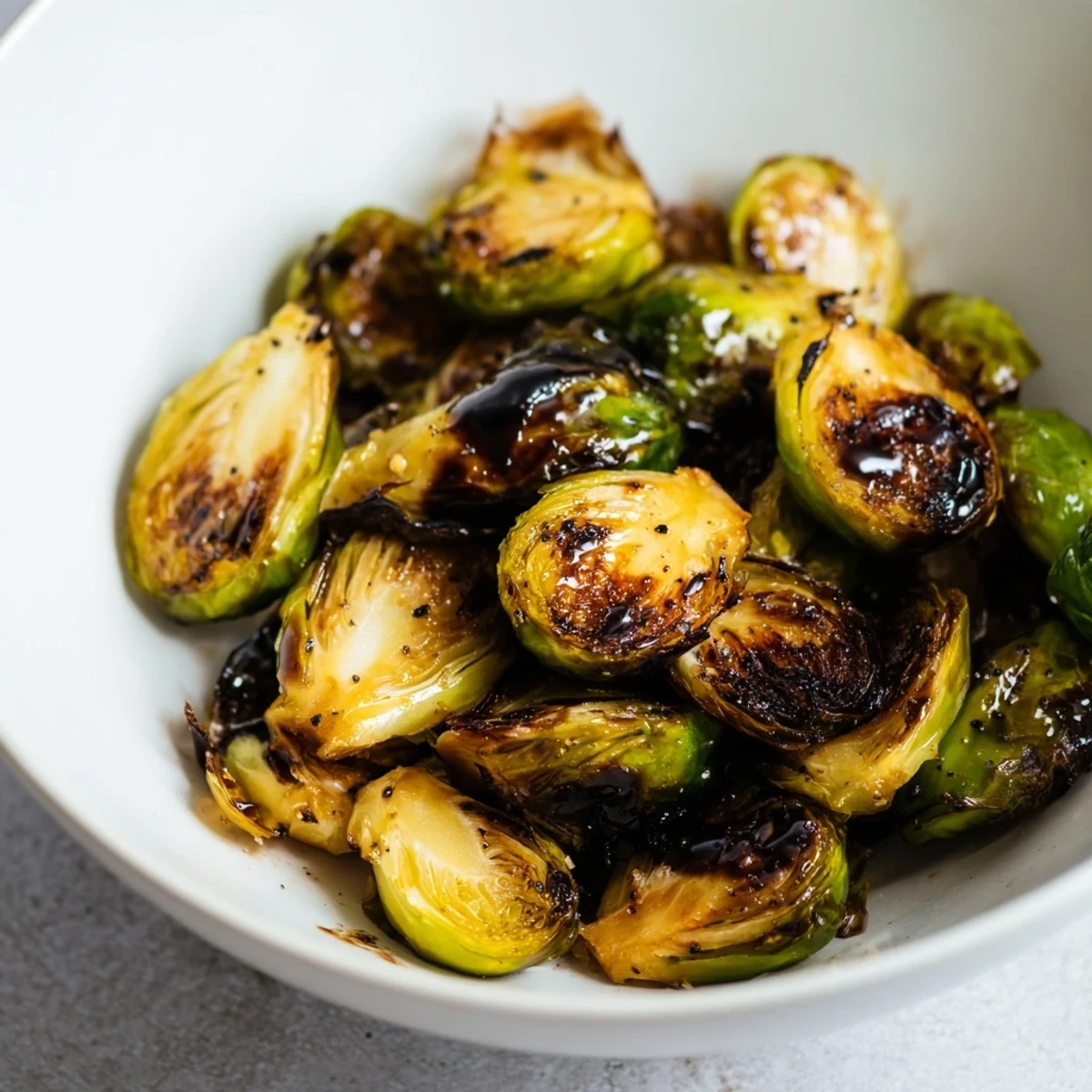 Roasted Brussels sprouts with balsamic vinegar on a white platter, drizzled with glaze and garnished with optional pine nuts.
