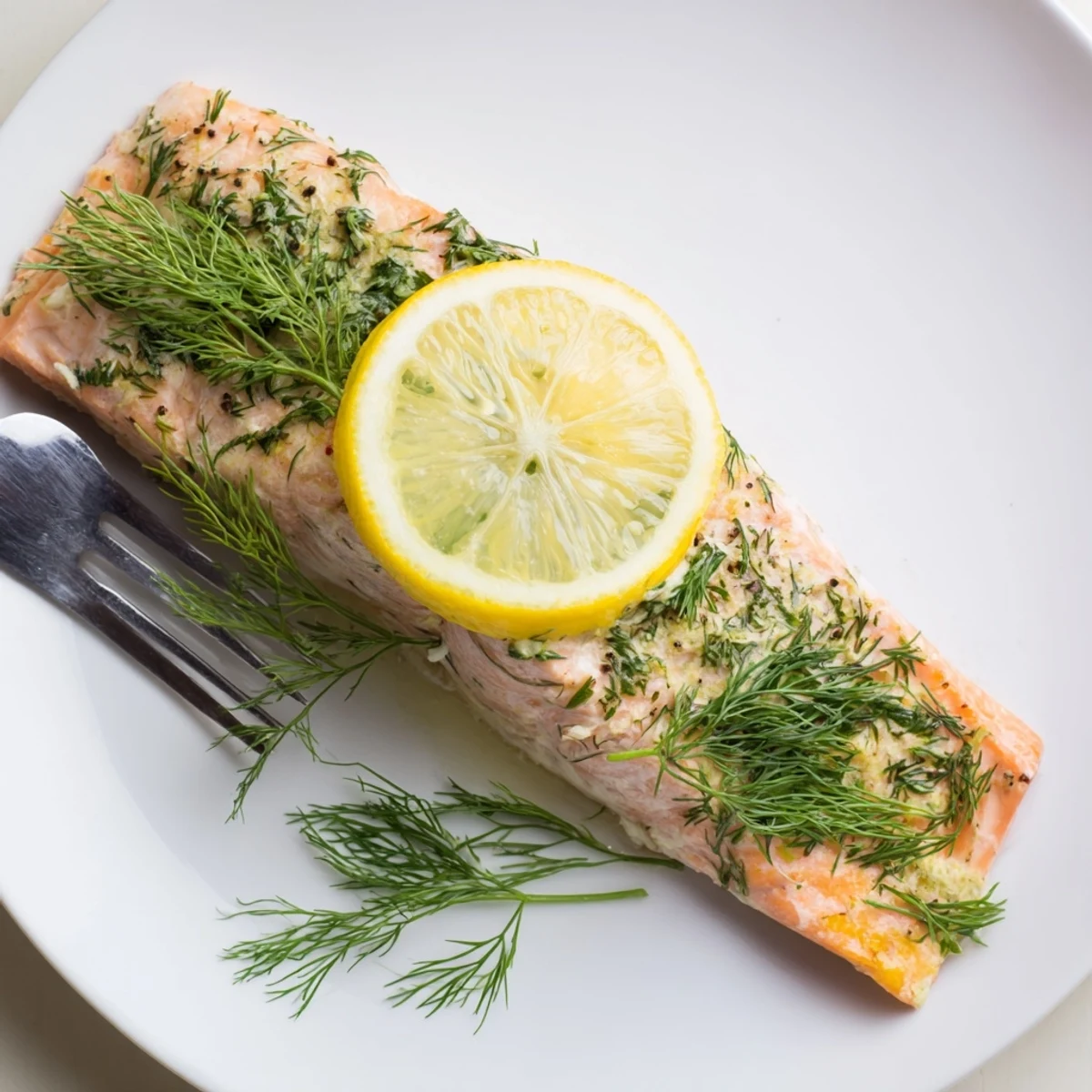 Freshly baked Baked Salmon with Lemon and Dill Weed flaking with a fork, revealing juicy interior and aromatic dill weed on a rustic plate.