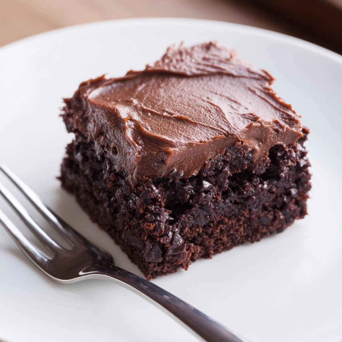 Freshly baked Chocolate Brownies with Rich Fudge Frosting sit on a wooden cutting board, their glossy, crackled tops glistening under kitchen lights.