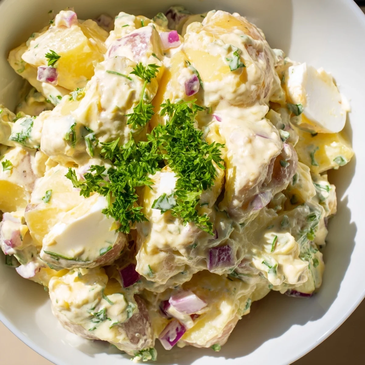 Hearty Creamy Potato Salad served in a rustic bowl, garnished with fresh parsley, perfect alongside grilled burgers or barbecue chicken at a summer picnic.