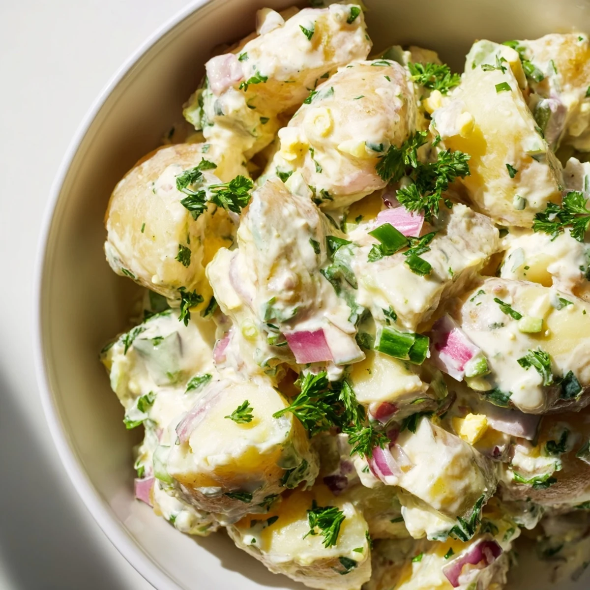 Bright, chilled Creamy Potato Salad with chunks of tender Yukon Gold potatoes, diced celery, red onion, and hard-boiled eggs in a creamy dressing.