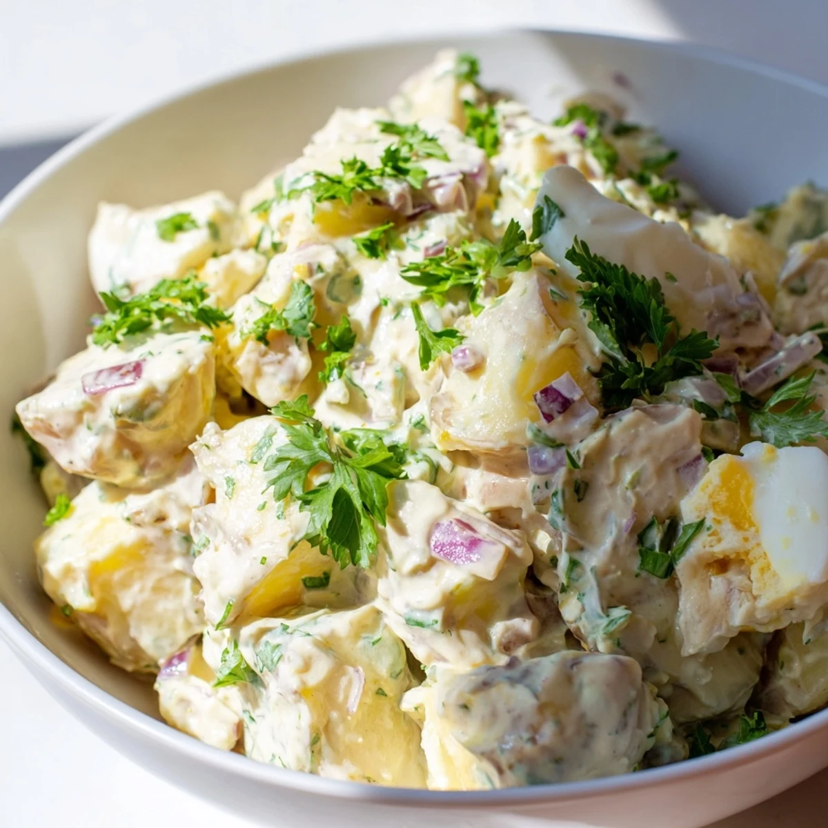 A close-up of Creamy Potato Salad revealing creamy mayonnaise dressing clinging to soft potatoes, with crunchy dill pickles and chopped eggs for classic American flavor.