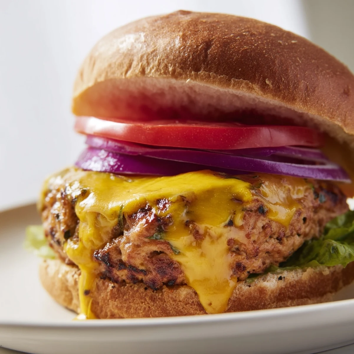 A juicy, golden turkey burger with melted cheese, lettuce, tomato, and red onion on a toasted sesame bun.