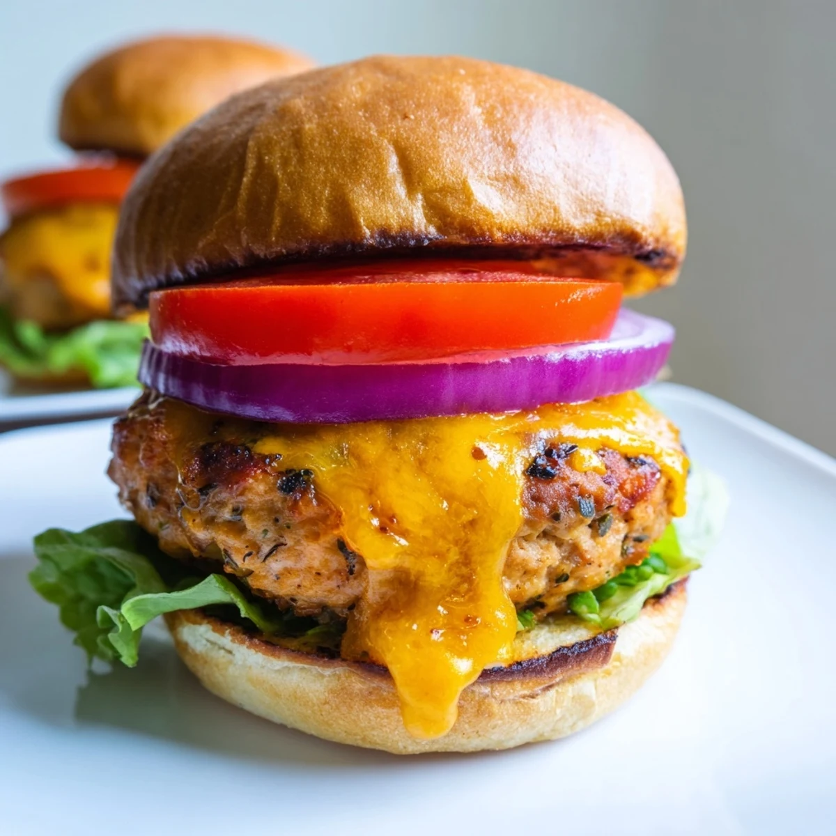 Freshly assembled turkey burger with cheese, tomatoes, and crisp lettuce, perfect for a quick and easy weeknight dinner.