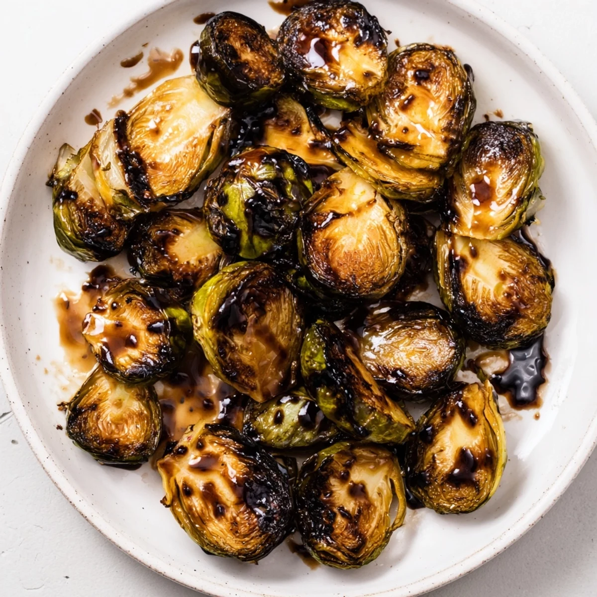 Golden roasted Brussels sprouts with balsamic glaze, glistening on a white plate beside a hearty roast chicken for a perfect dinner side.  