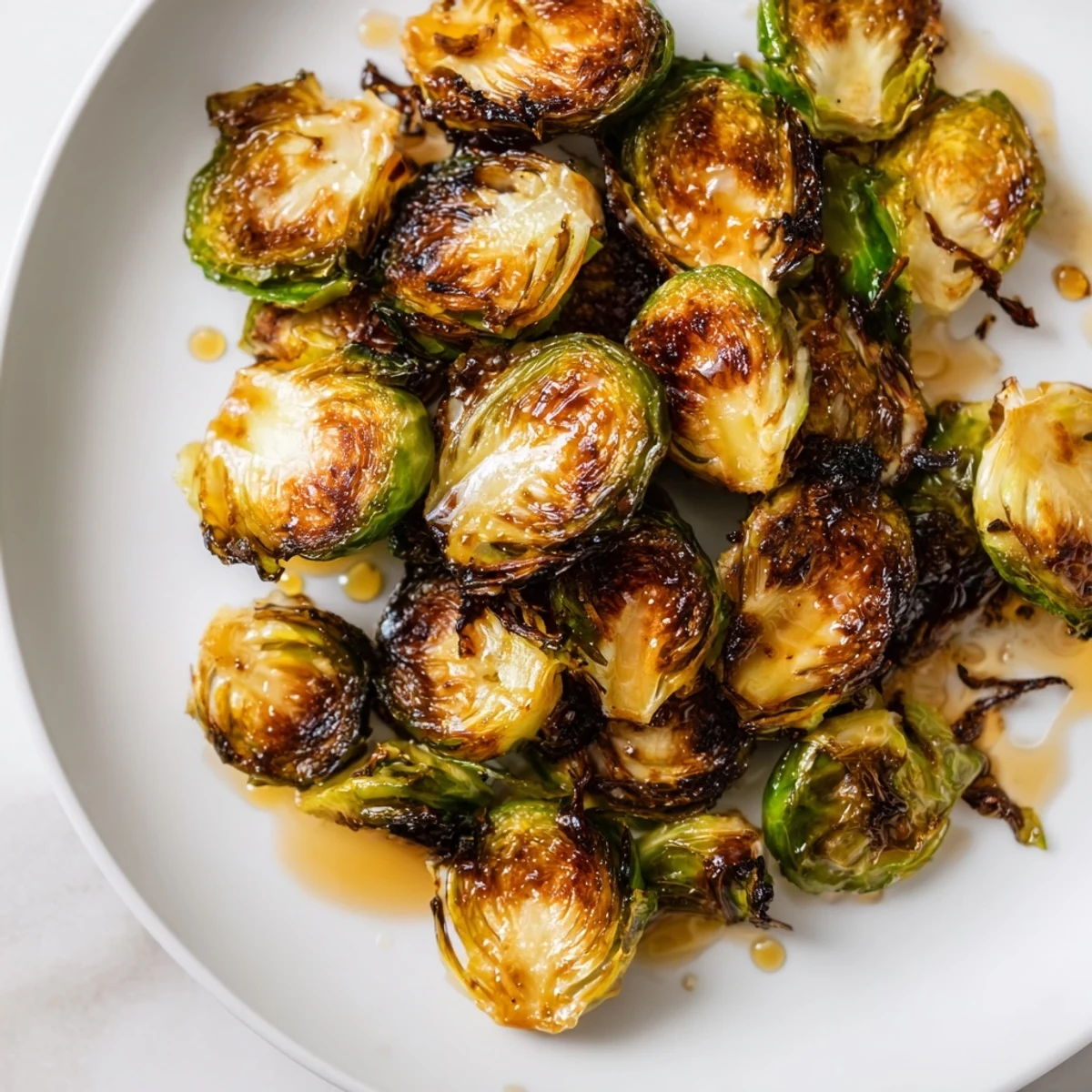 A close-up of crispy, caramelized Brussels sprouts drizzled with balsamic glaze, garnished with fresh thyme and cracked black pepper.  
