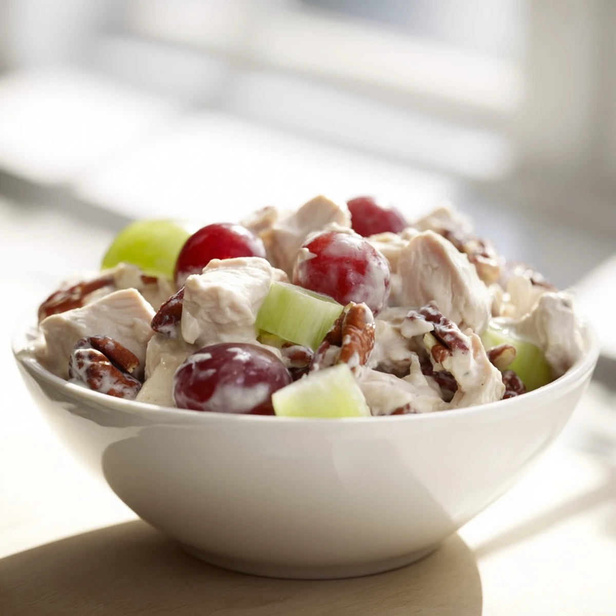 Creamy chicken salad with pecans, grapes, and celery, served chilled on crisp lettuce for a refreshing lunch.  
