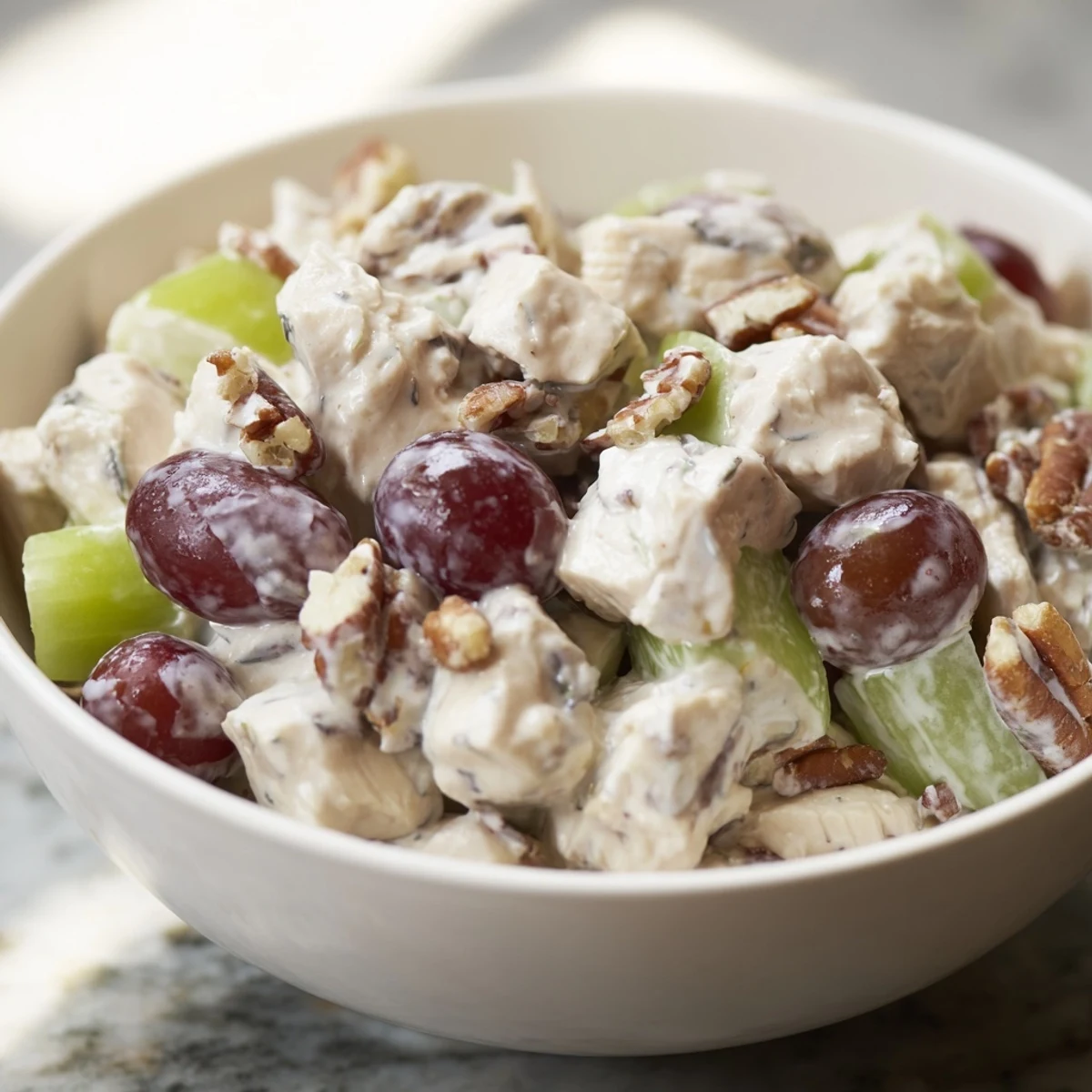Homemade chicken salad with pecans features tender chicken, crunchy nuts, and a tangy Greek yogurt-mayo dressing.  
