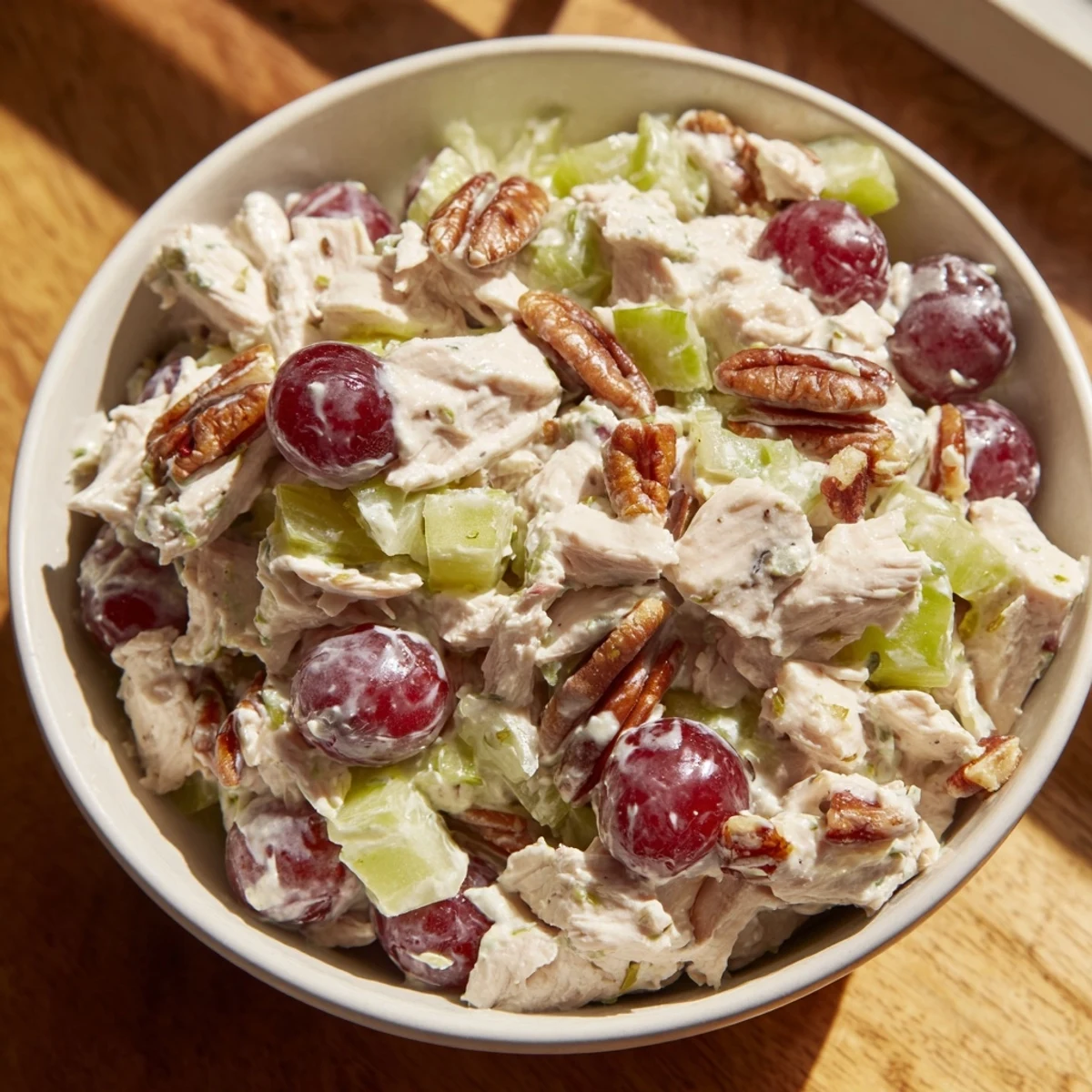 Gluten-free chicken salad with pecans and red grapes, ideal for picnics, meal prep, or sandwich fillings.