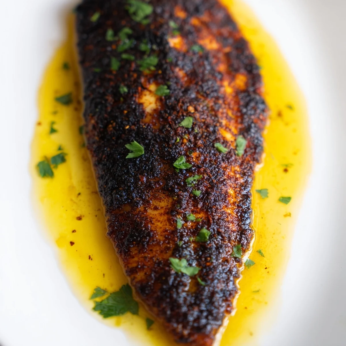 Golden-brown Blackened Catfish with Lemon Butter sizzling in a cast-iron skillet, garnished with fresh parsley.  