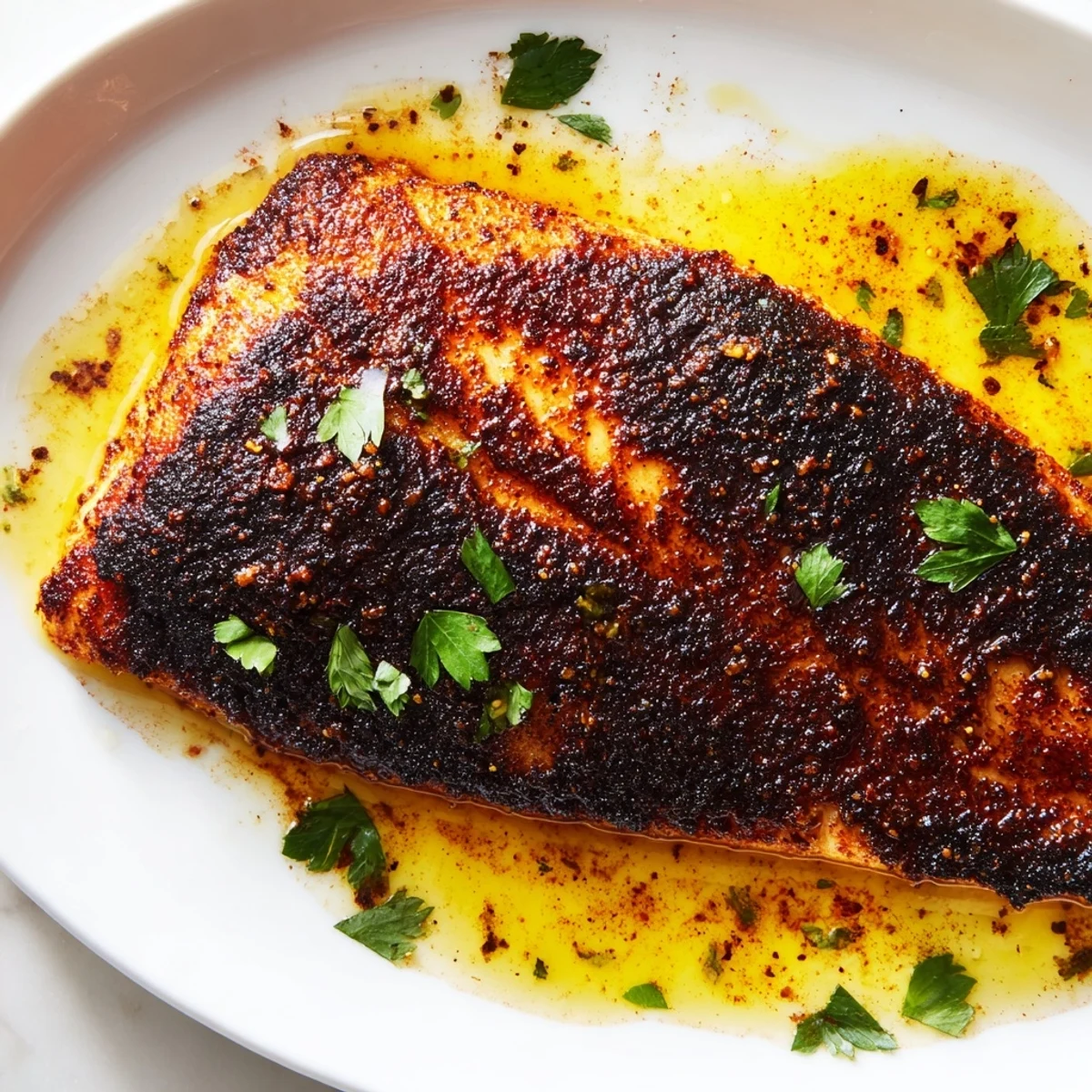 Close-up view of seasoned Blackened Catfish with Lemon Butter drizzle, highlighting the flaky, moist interior.