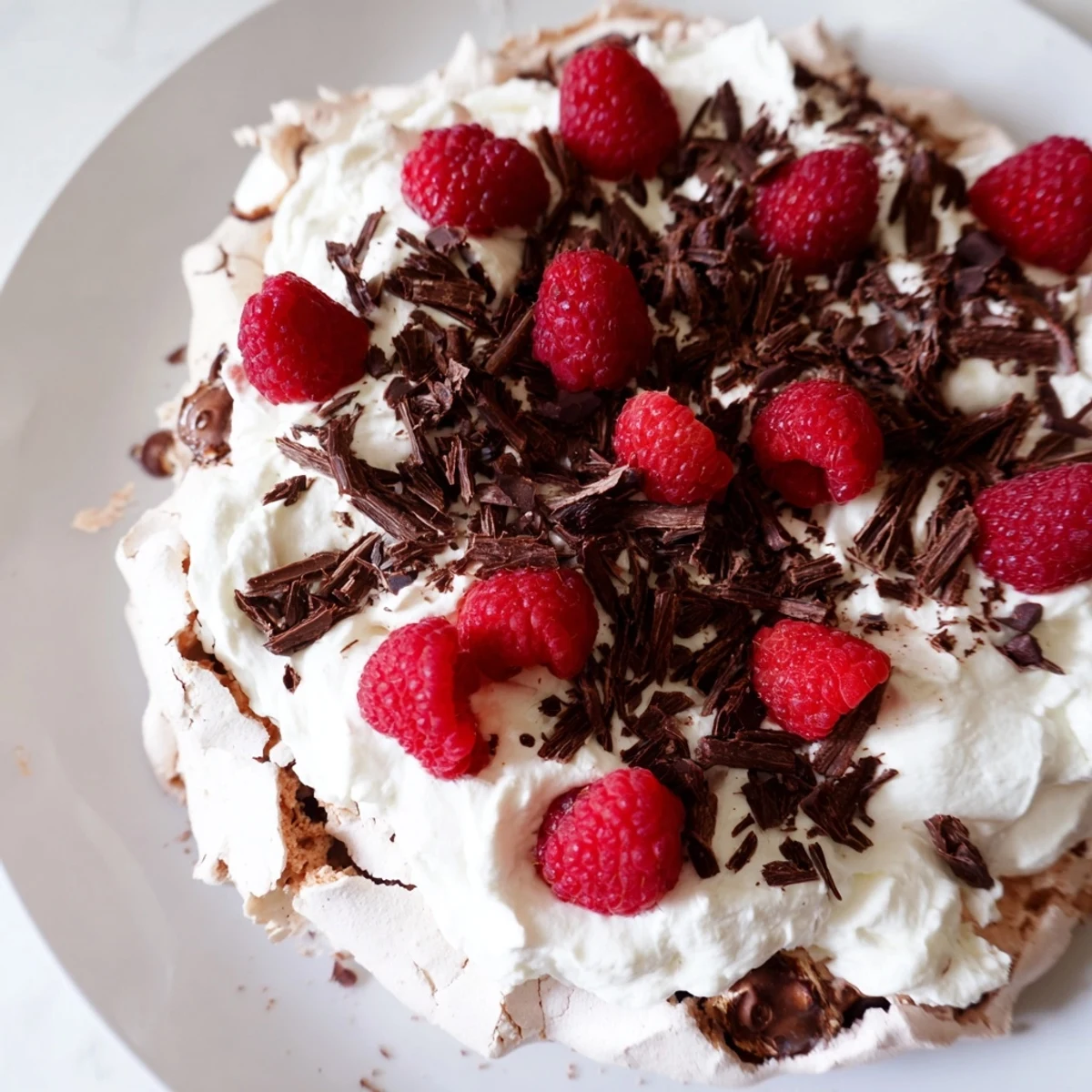 Close-up of Chocolate Raspberry Pavlova with juicy raspberries and dark chocolate shavings on a whipped cream mound.
